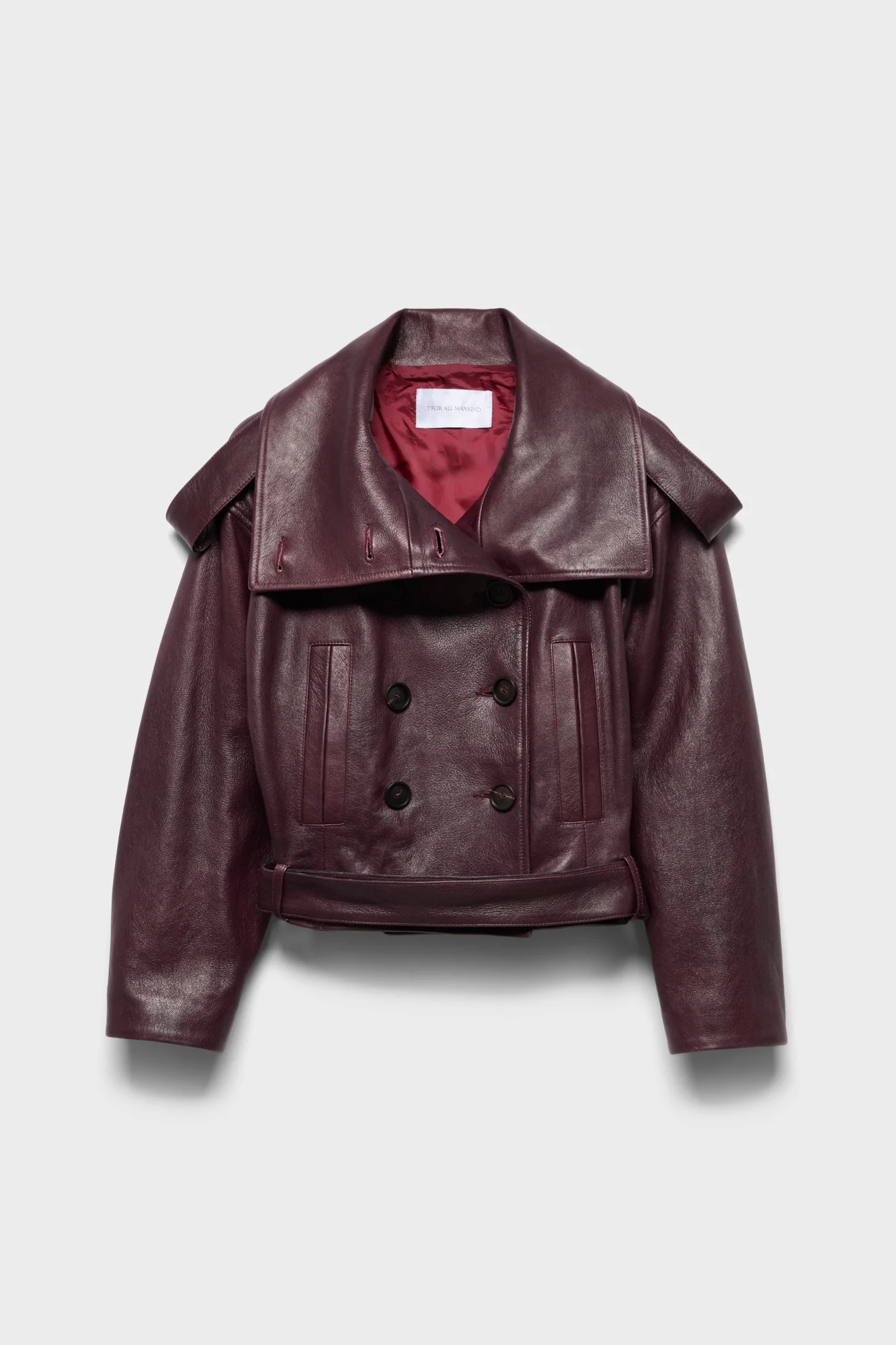 DOUBLE BREASTED HIGH NECK SHORT COAT in Leather Black Cherry