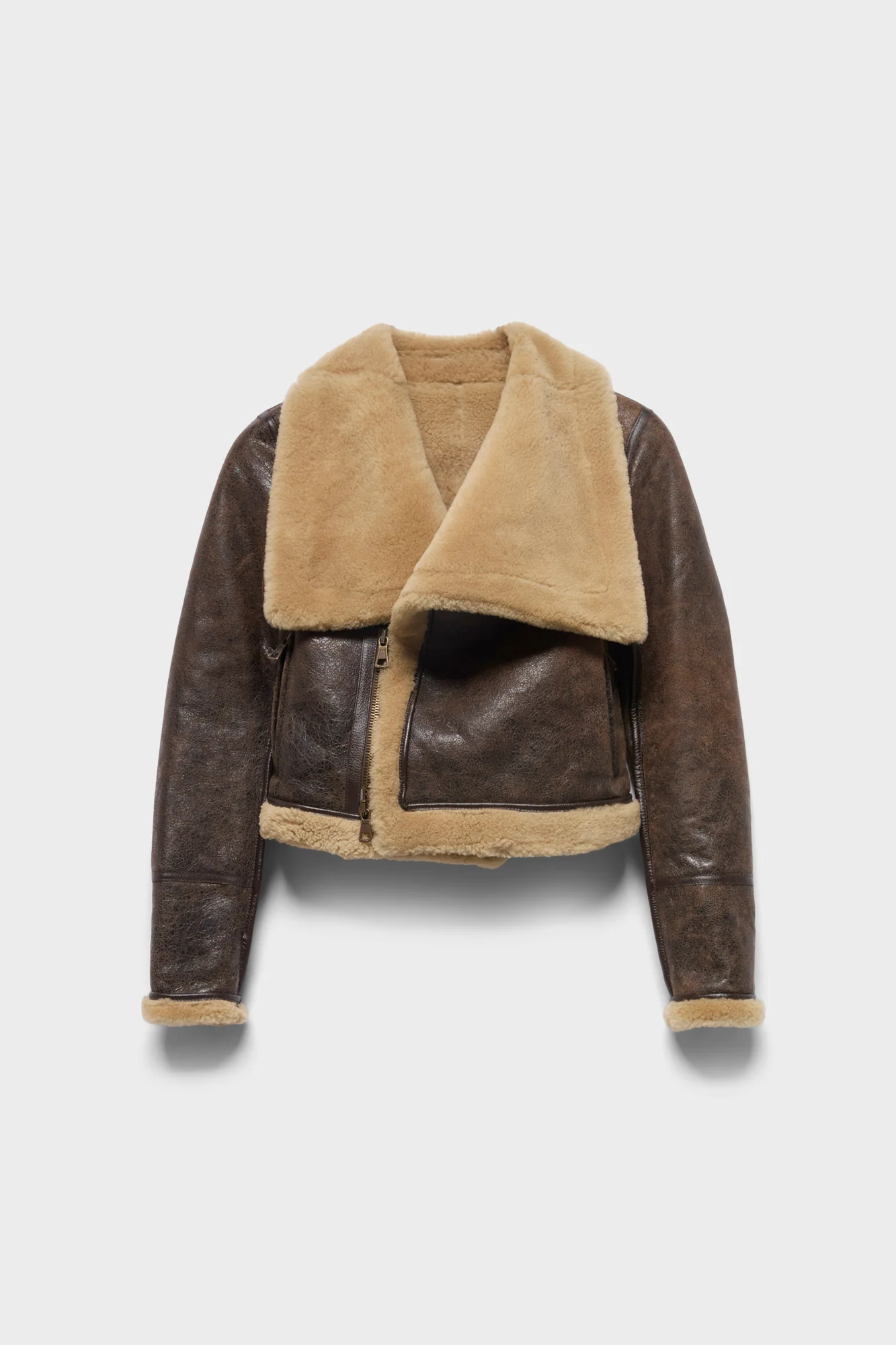 HIGH COLLAR SHEARLING JACKET in Leather Walnut
